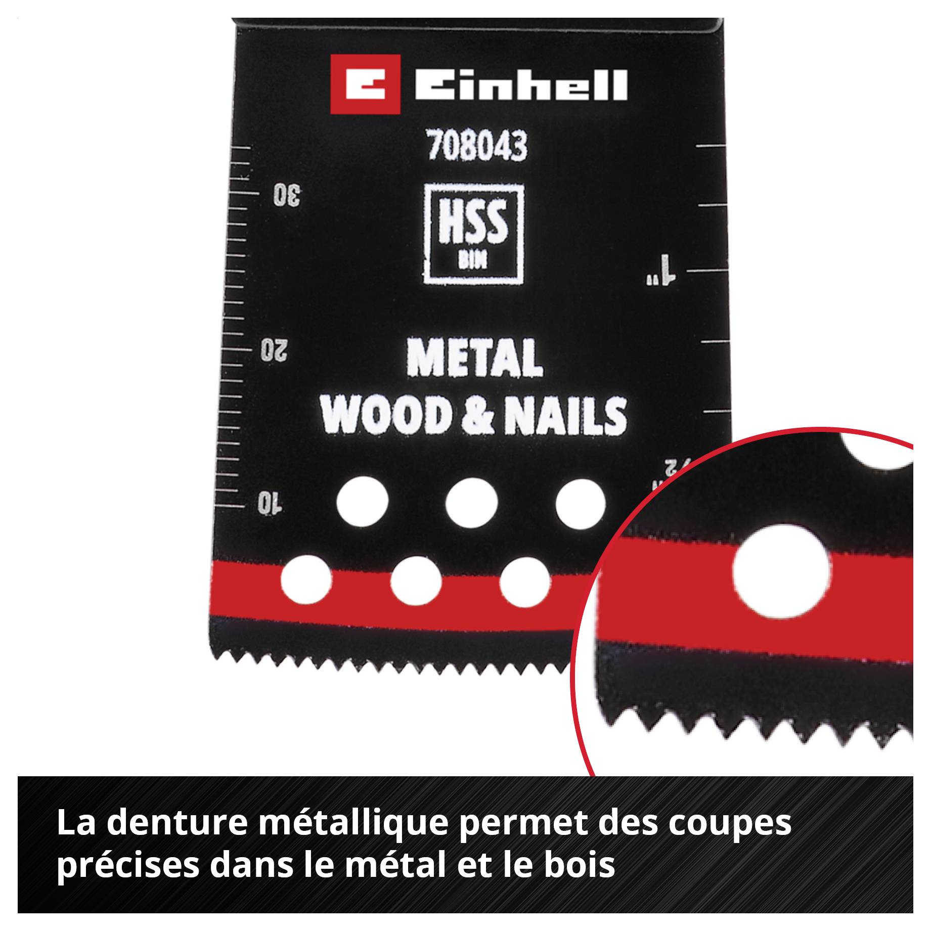 Lame de scie avec denture métallique d'Einhell pour des coupes précises dans le métal, le bois et les clous. Dents tranchantes en gros plan.