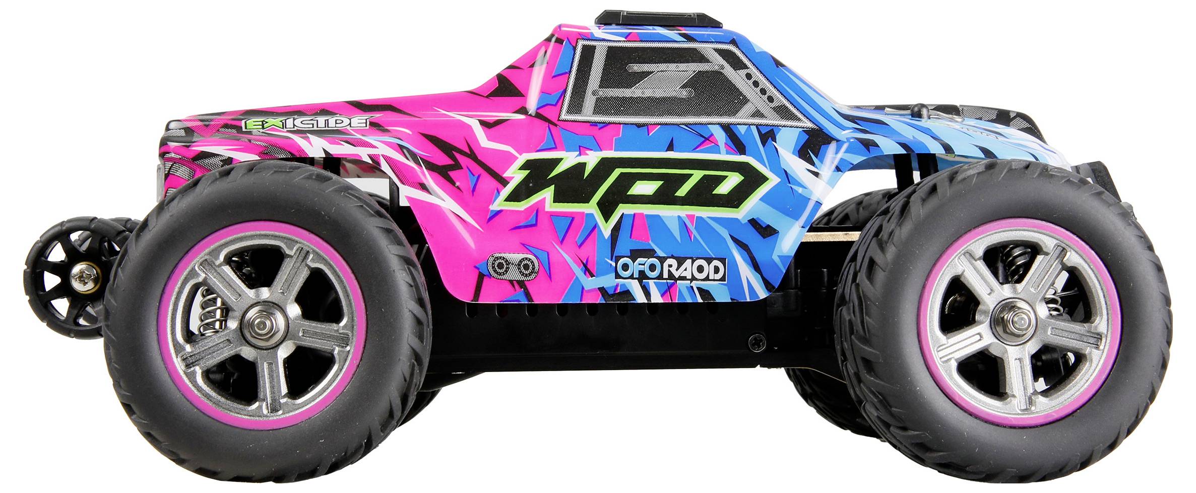 Une voiture télécommandée aux couleurs vives (bleu, violet, noir) avec de gros pneus. Texte de design 'WFD' et 'Offroad' sur le côté.