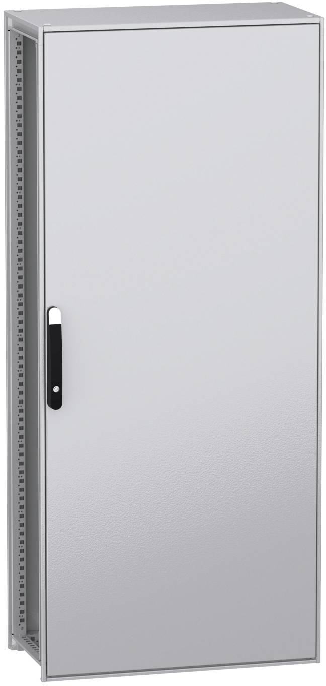 Une armoire métallique argentée avec porte et poignée noire, fermée. L'armoire est rectangulaire et paraît solide, adaptée au rangement.