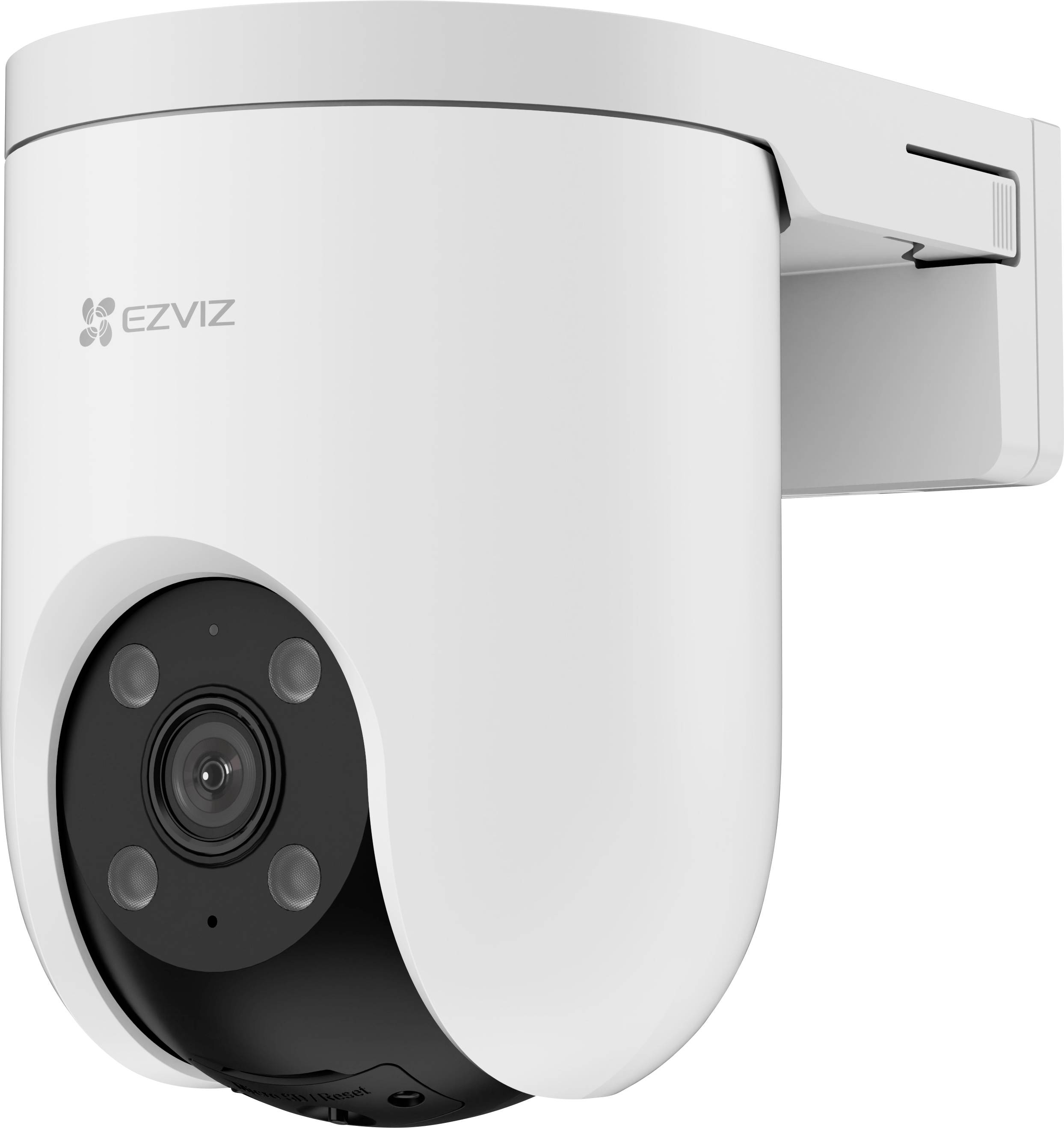 Une caméra de sécurité blanche avec un objectif noir et quatre lumières infrarouges, installée pour la surveillance.