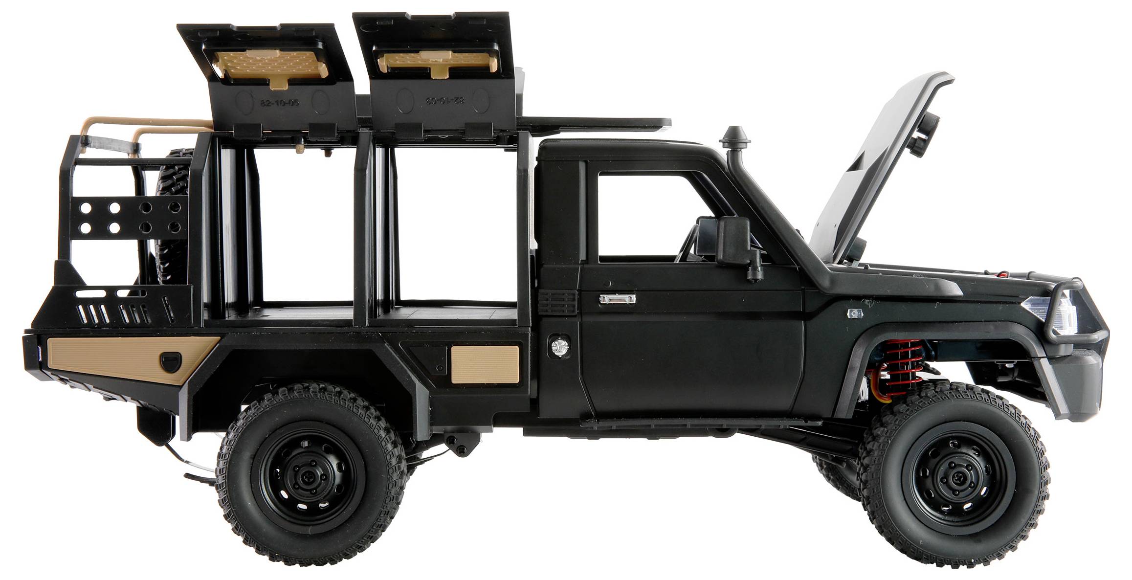 Un véhicule tout-terrain noir avec le capot ouvert. Sur la plateforme de chargement se trouvent deux compartiments de rangement ouverts.