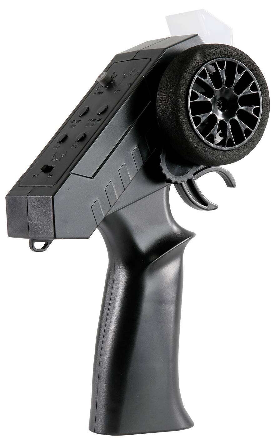Une télécommande noire avec une grande molette sur le côté droit, une poignée et plusieurs boutons pour contrôler un véhicule radiocommandé.