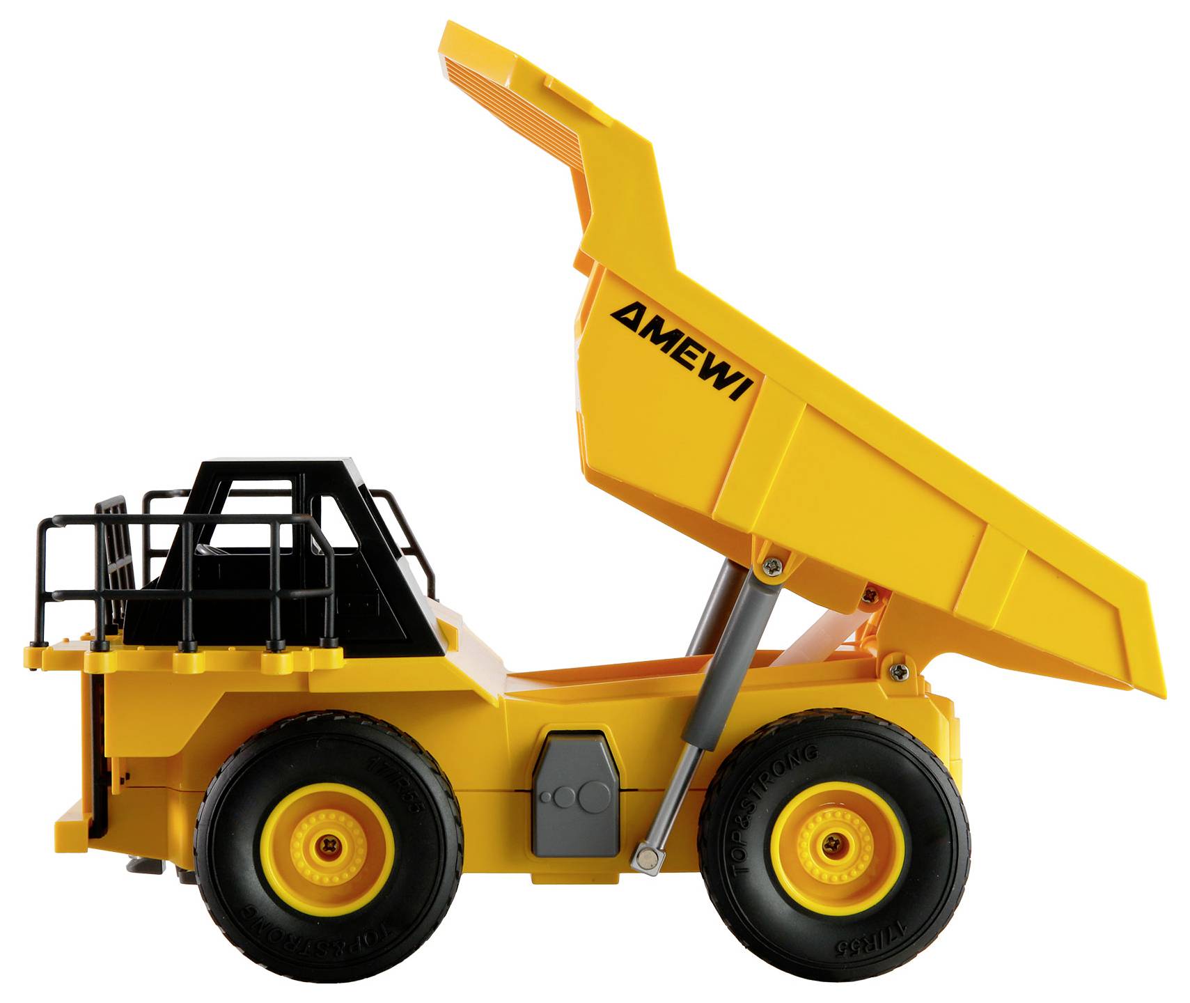 Camion-benne télécommandé jaune avec châssis noir et benne basculante, vue de profil.