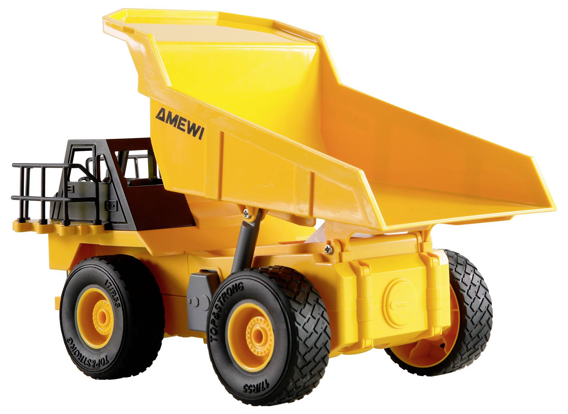 Un grand camion-benne jouet jaune avec un châssis noir et quatre gros pneus se trouve sur une surface.