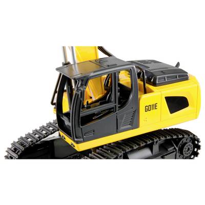 Un excavateur jaune et noir à chenilles, vue de côté. Modèle : GD11E.