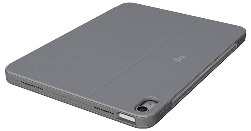 Une housse de tablette grise avec des ouvertures pour l'appareil photo et des découpes pour les haut-parleurs à l'arrière.