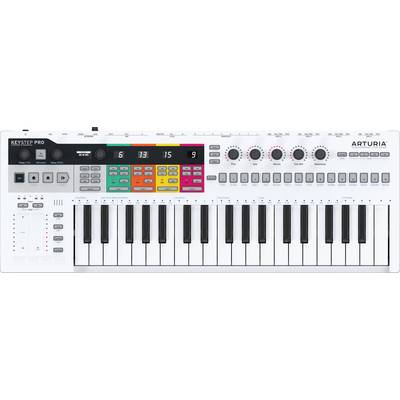 Un contrôleur MIDI avec touches de piano, potentiomètres rotatifs et touches colorées, adapté à la production musicale et aux performances live.