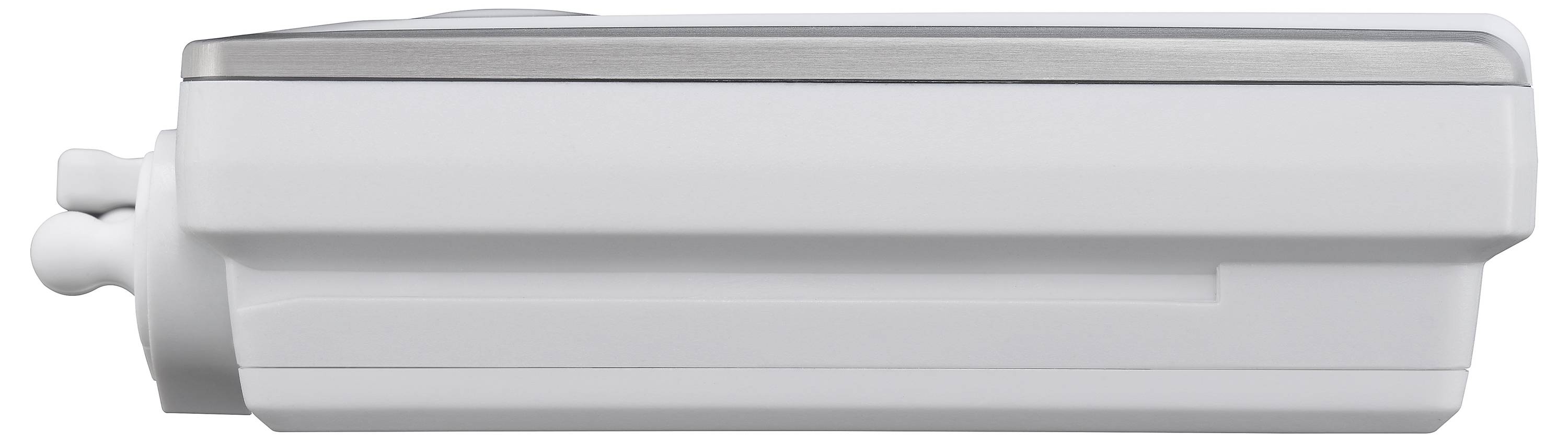 Appareil électroménager blanc rectangulaire vu de profil, avec des surfaces lisses et une bande argentée sur le bord supérieur.
