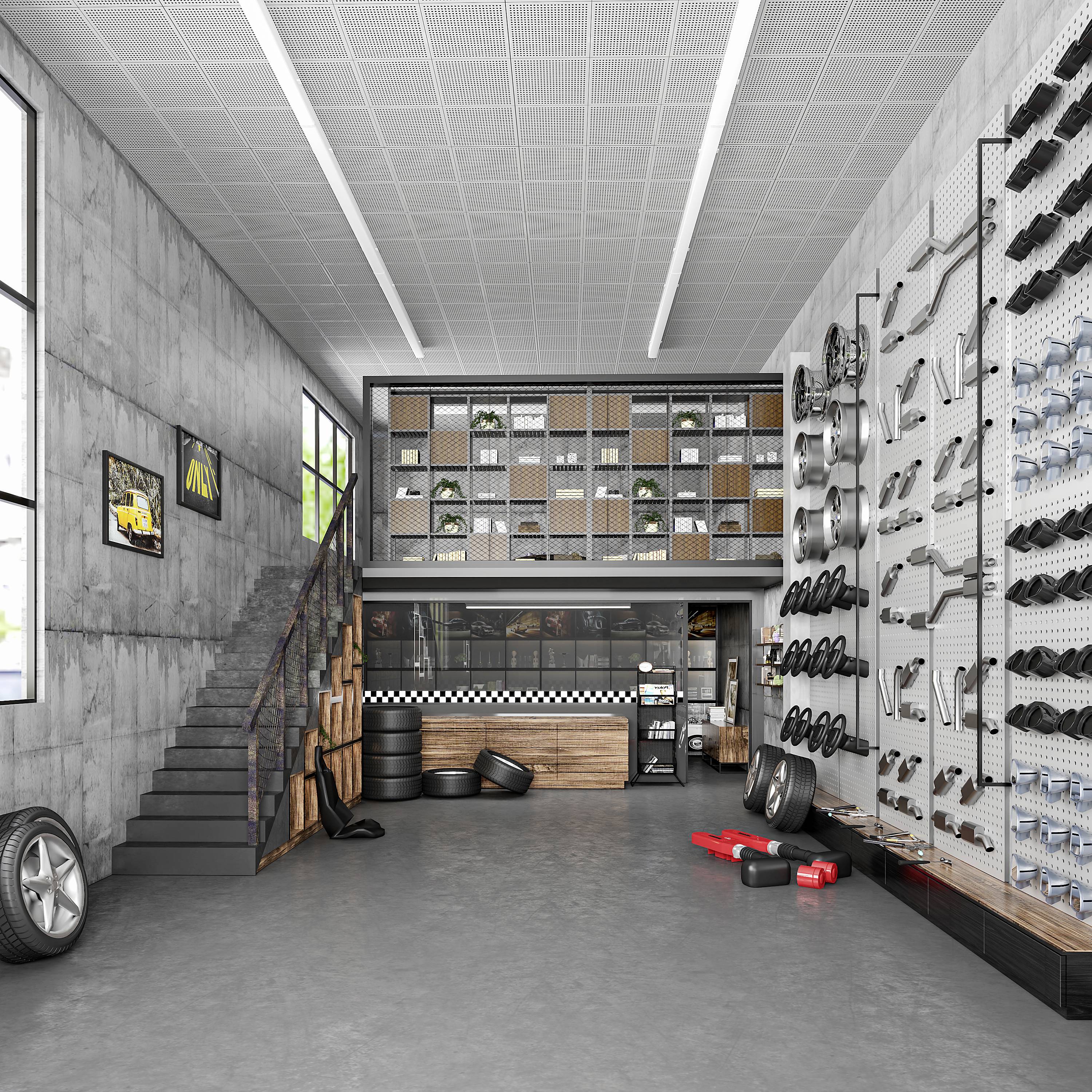 Entrepôt de pneus avec des étagères remplies de pièces automobiles le long des murs, escalier menant au bureau à l'étage supérieur. Zone de vente au rez-de-chaussée avec exposition de pneus.