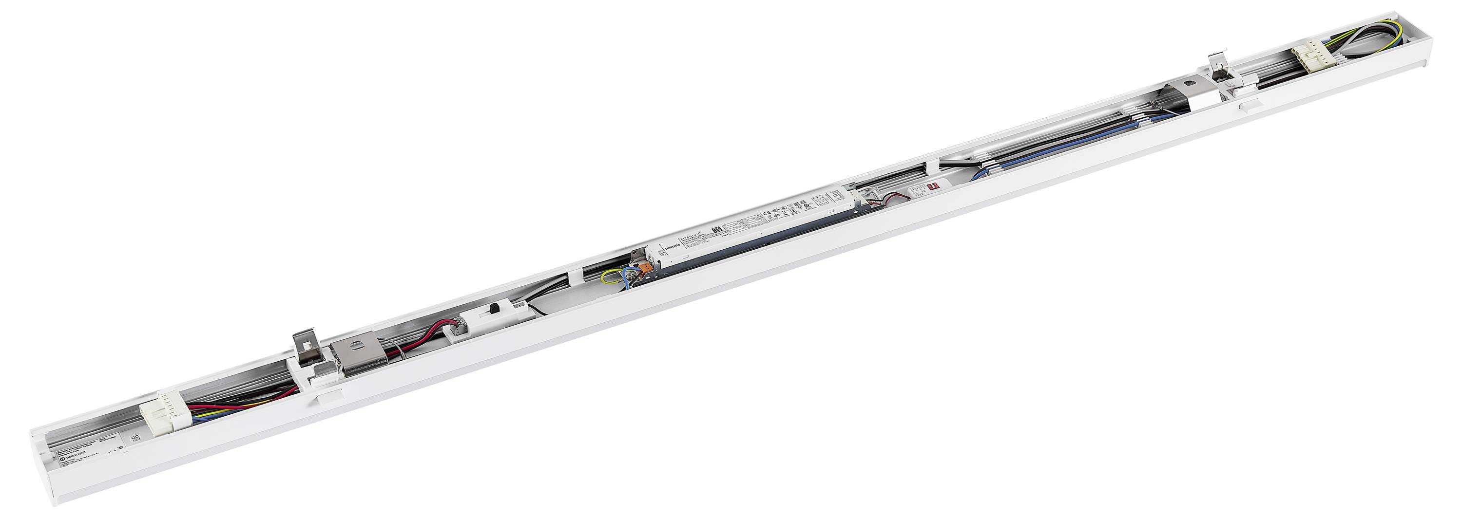 Rail d'entraînement de porte avec électronique et câblage visibles. Adapté aux commandes automatiques de portes dans les bâtiments.