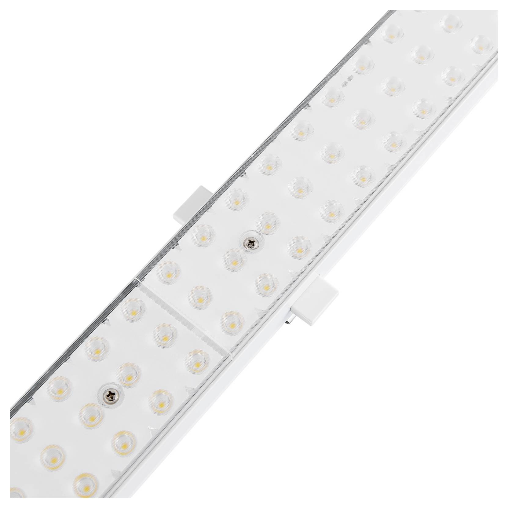 Luminaire ou bande LED allongé(e) avec plusieurs lentilles LED circulaires sur fond blanc.