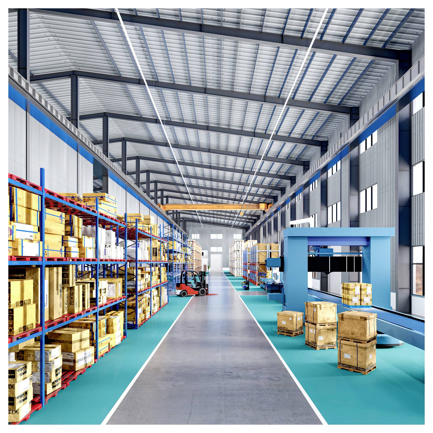 Vaste intérieur d'entrepôt avec de hautes étagères de cartons empilés, une allée centrale, un transpalette et des caisses près d'une zone de chargement bleue.