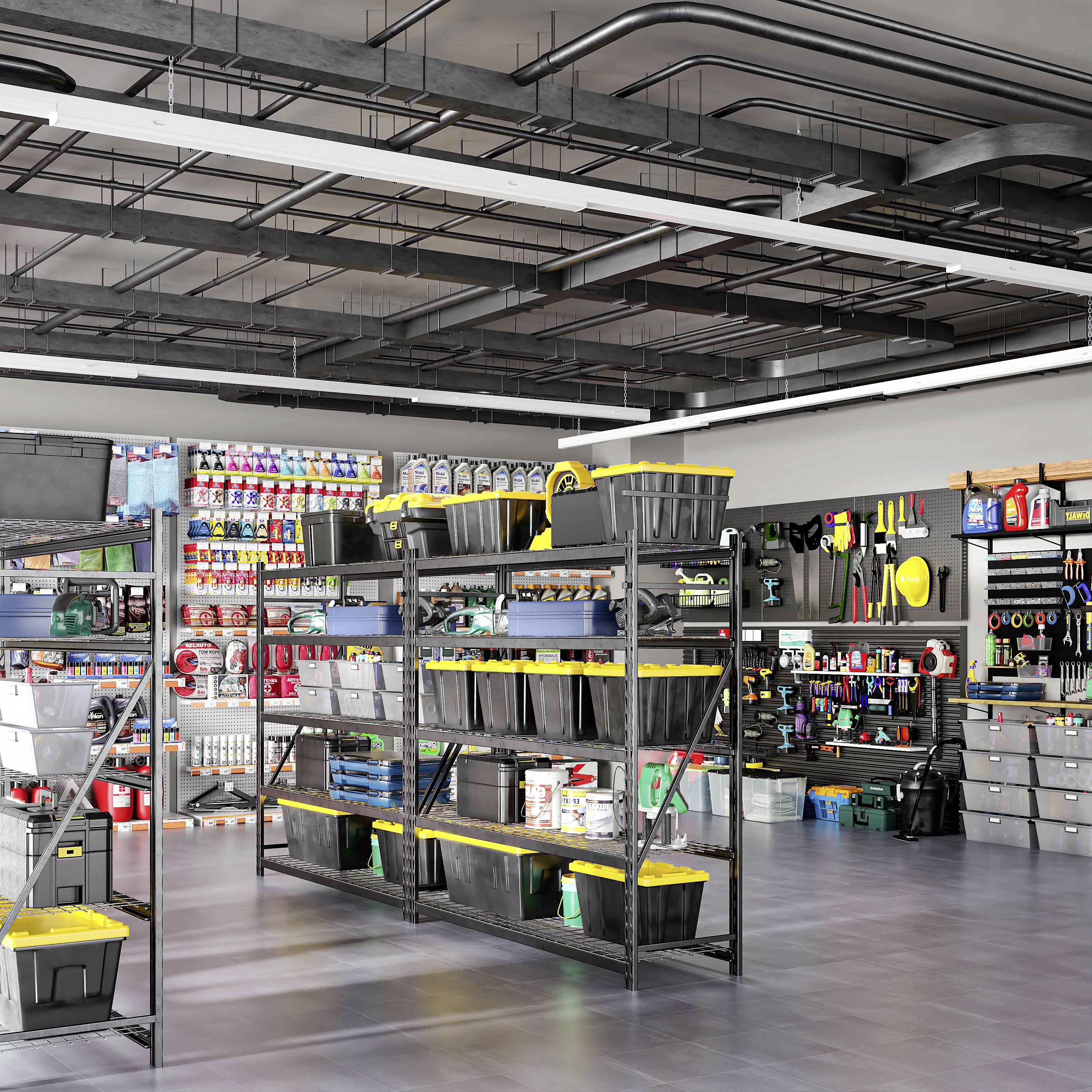 Un atelier bien organisé avec des étagères remplies de boîtes à outils, de produits de nettoyage et d'outils, notamment des marteaux et des clés à molette.