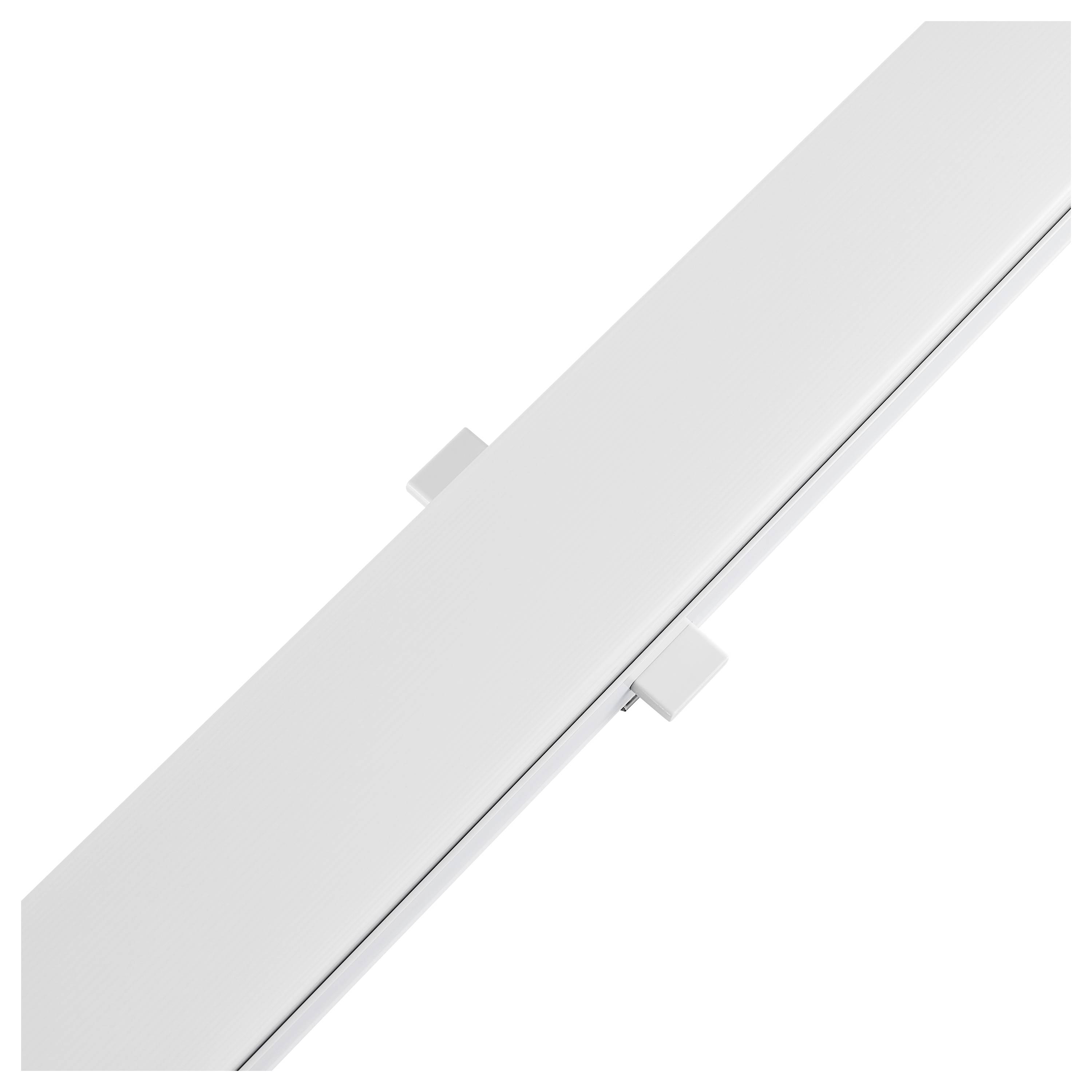 Une barre rectangulaire blanche horizontale avec une fine bande argentée au centre et deux petits éléments saillants.
