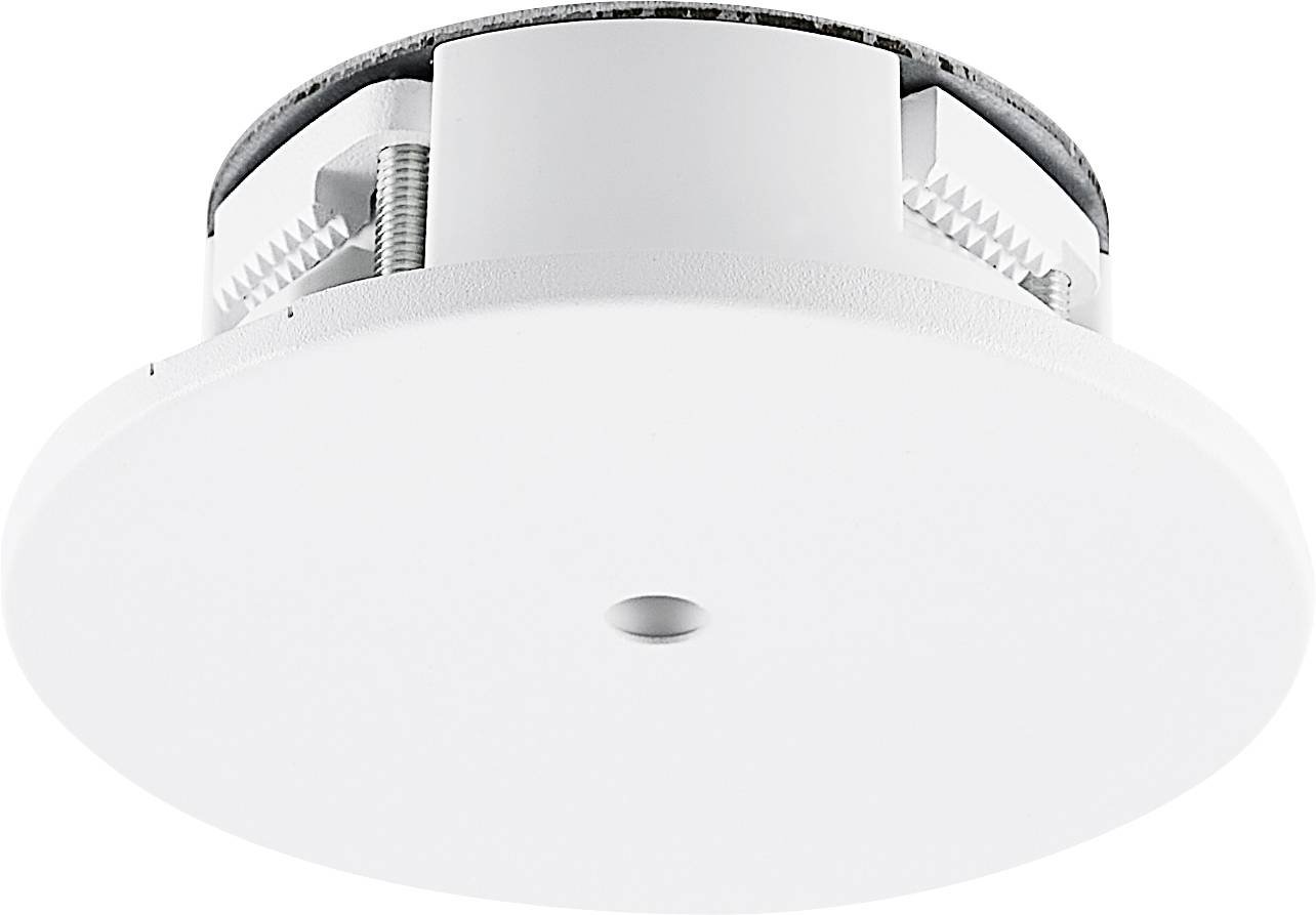 Haut-parleur encastrable de plafond rond et blanc avec un design simple et plat. Adapté pour une installation audio discrète au plafond.