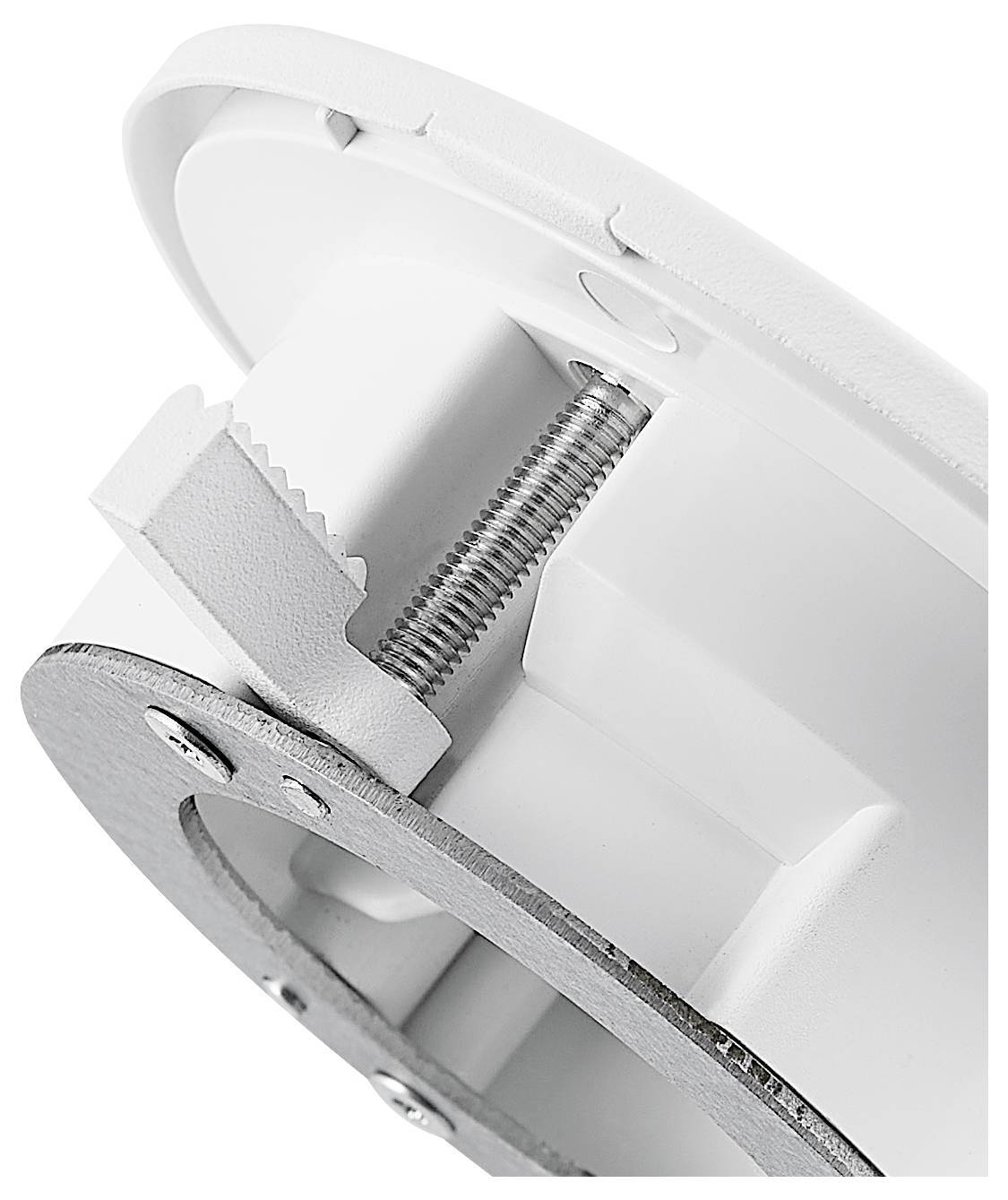 Gros plan d'un support de plafond blanc avec vis de montage et mécanisme denté, adapté à la fixation d'appareils ou de luminaires.