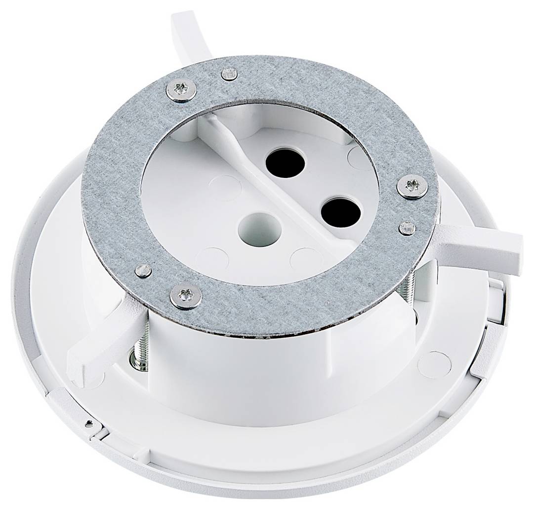 Boîtier de spot encastré blanc avec anneau de fixation métallique et trous de vis, vu de dessus sur fond blanc.