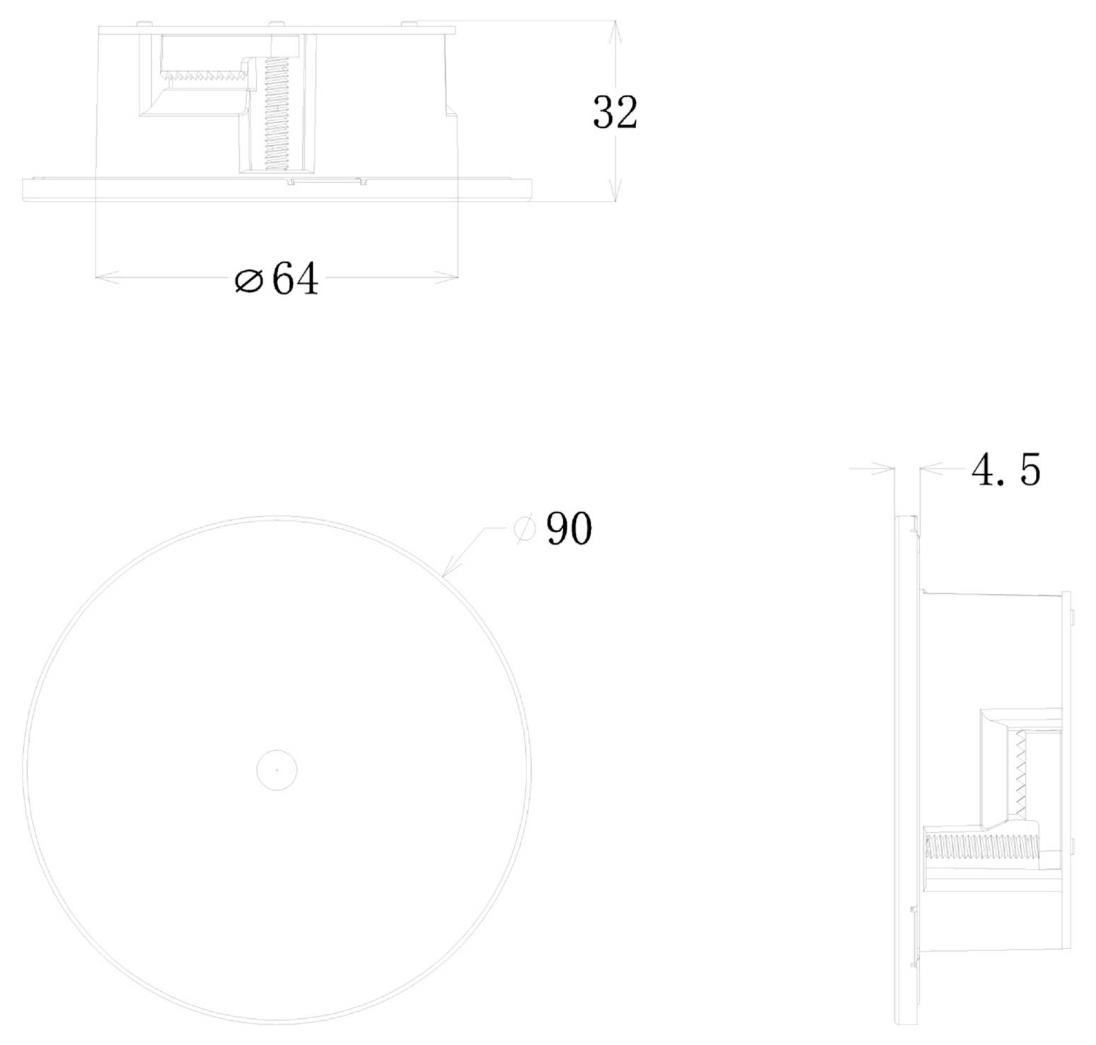 Dessin technique d'un gabarit circulaire indiquant les dimensions suivantes : diamètre de 64 mm, diamètre de face de 90 mm, profondeur de 32 mm et épaisseur latérale de 4,5 mm.