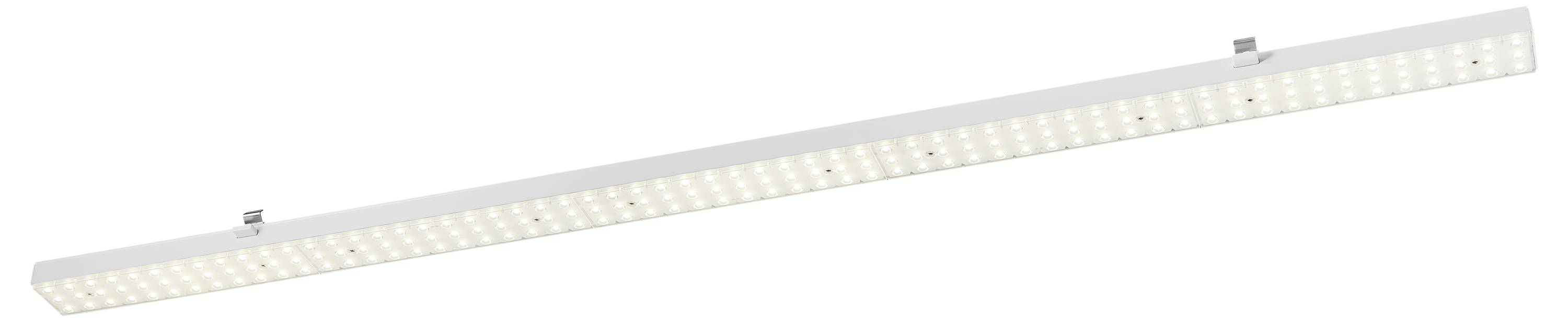 Plafonnier long avec de nombreuses petites LED qui diffusent une lumière blanche. Idéal pour un éclairage uniforme de la pièce.