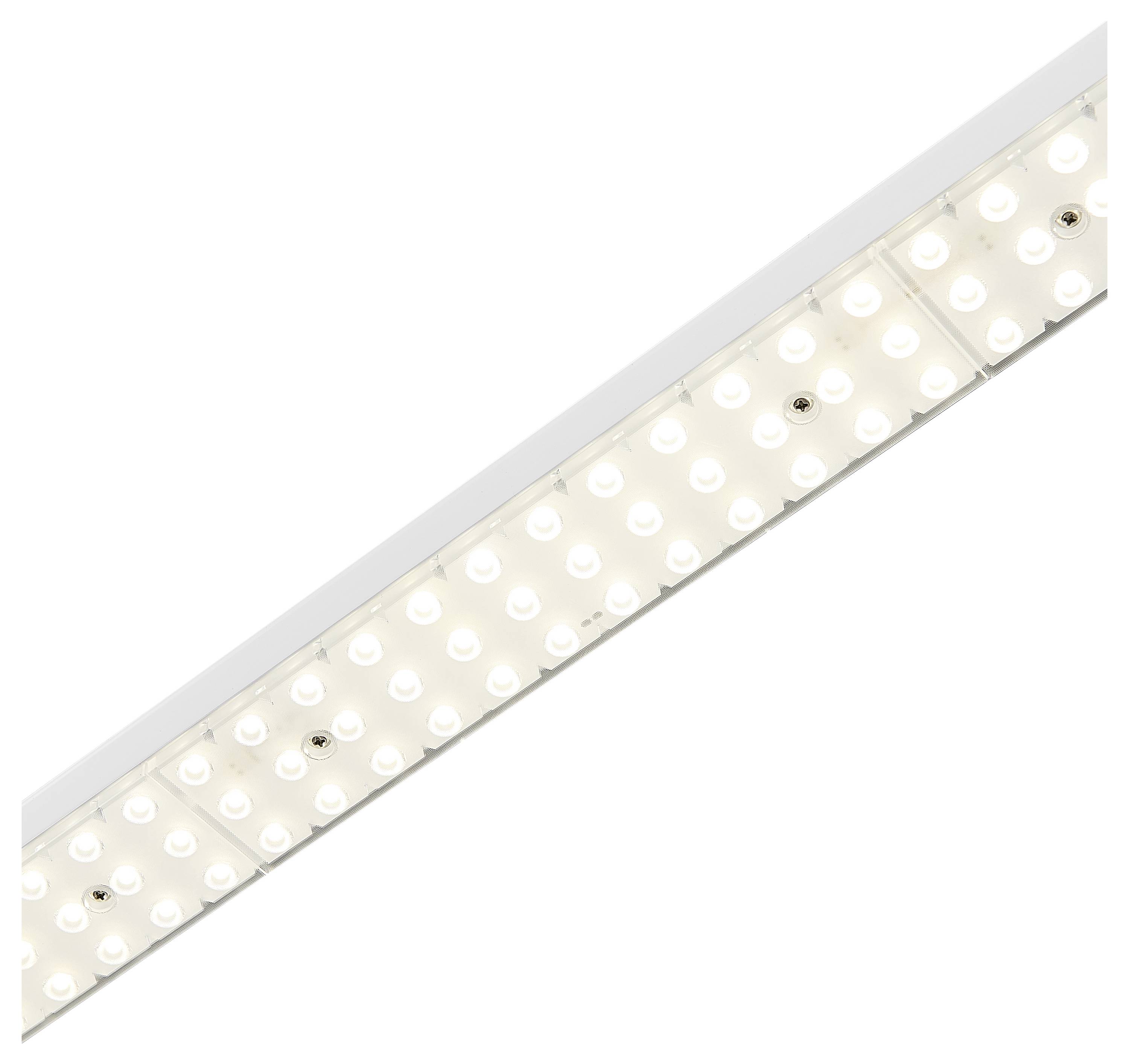 Une barre lumineuse LED photographiée en biais avec plusieurs éclairages blancs répartis uniformément sur toute la longueur.