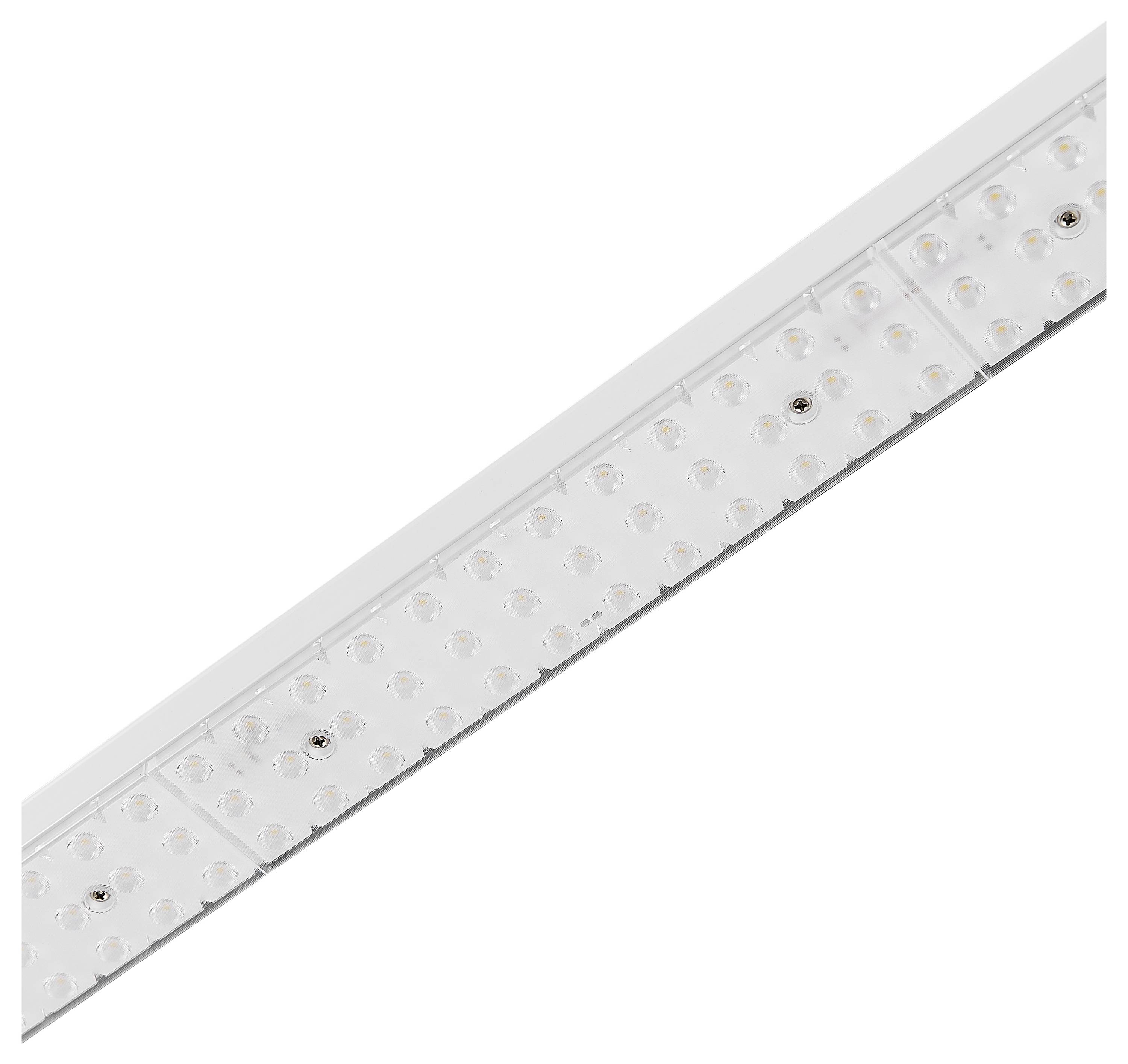 Une série de luminaires LED blancs, disposés en diagonale, fixés sur une surface grise.