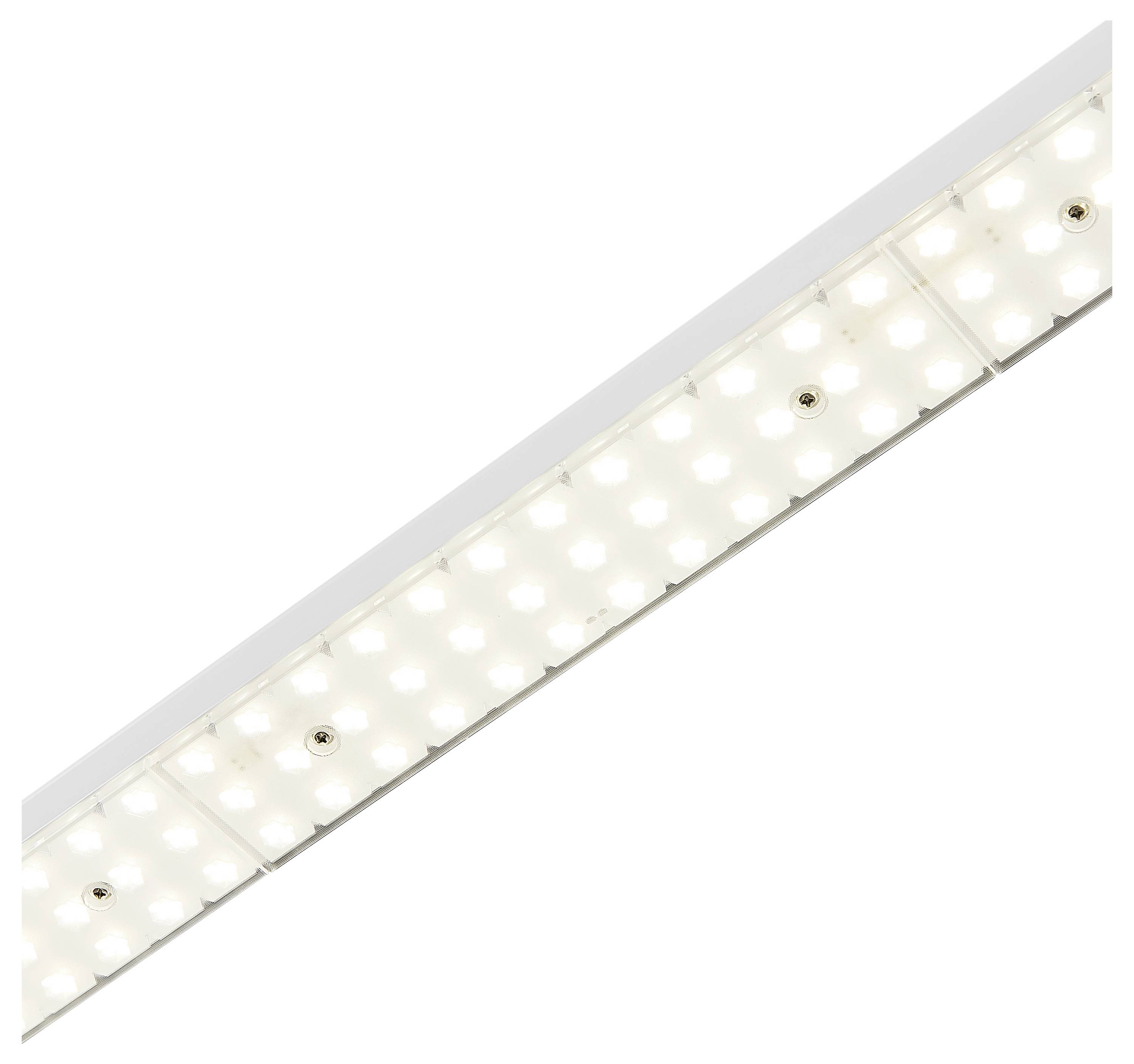 Une rangée de luminaires LED brillants disposés en diagonale sur fond blanc.