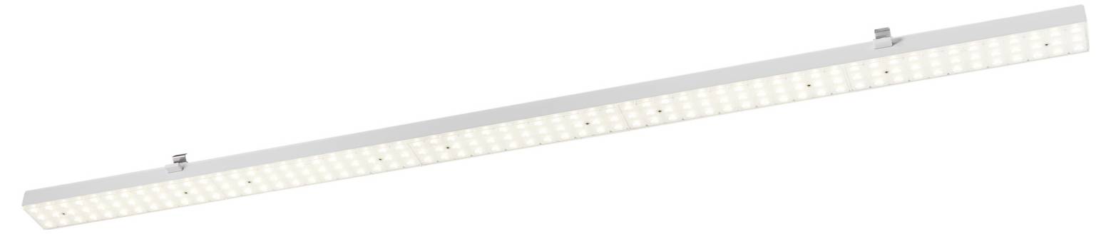 Réglette LED longue vue en biais sur fond blanc.