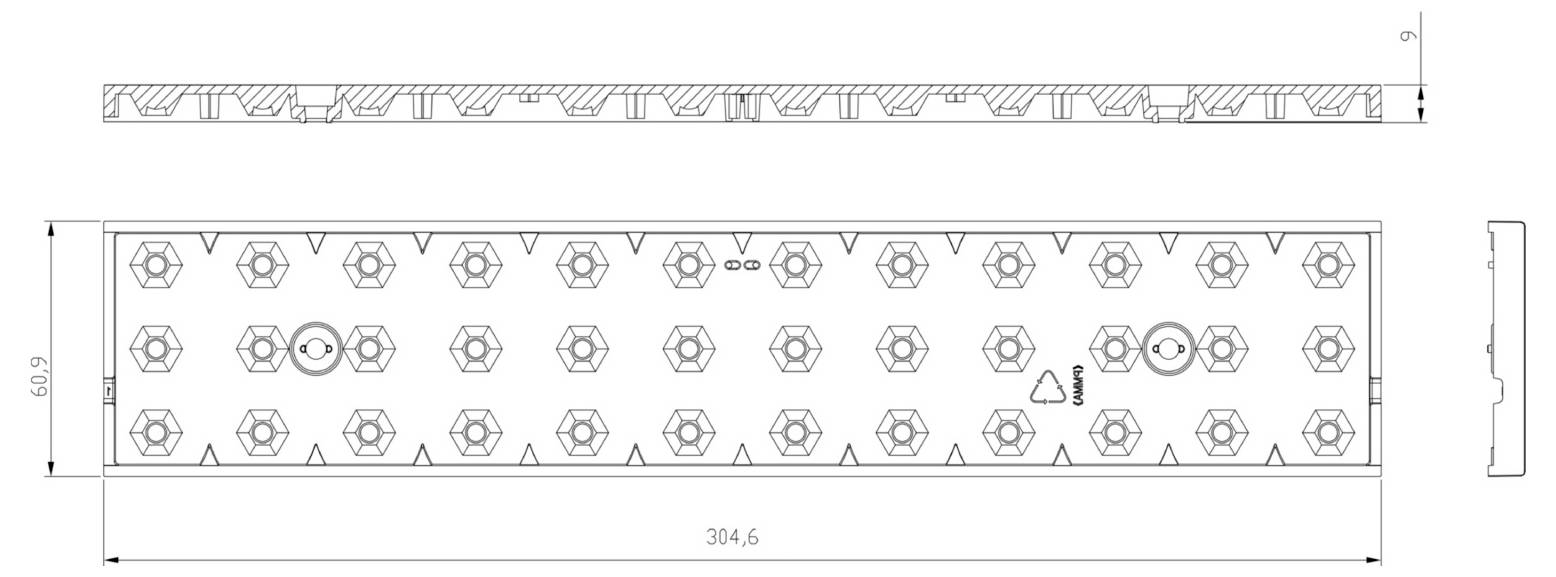 Dessin technique d'une longue bande métallique perforée, comportant des trous hexagonaux répétés, avec lignes de cote et mesures.