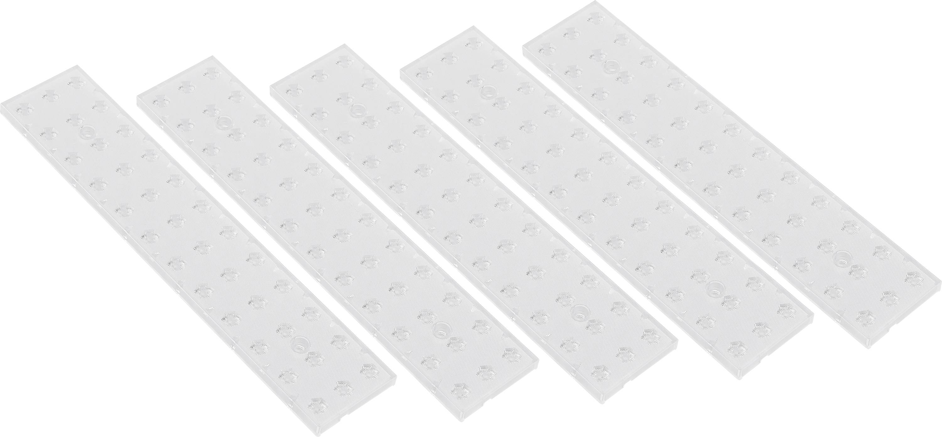 Cinq bandes transparentes et allongées avec de petites élévations régulières dessus, disposées symétriquement les unes à côté des autres.