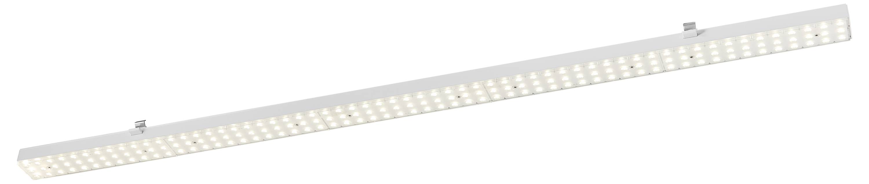 Une longue applique de plafond LED étroite avec des éclairages blancs.