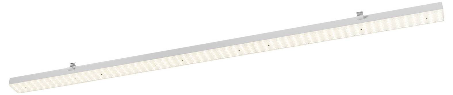 Luminaire LED rectangulaire et allongé à cadre argenté, représenté en diagonale sur fond blanc.
