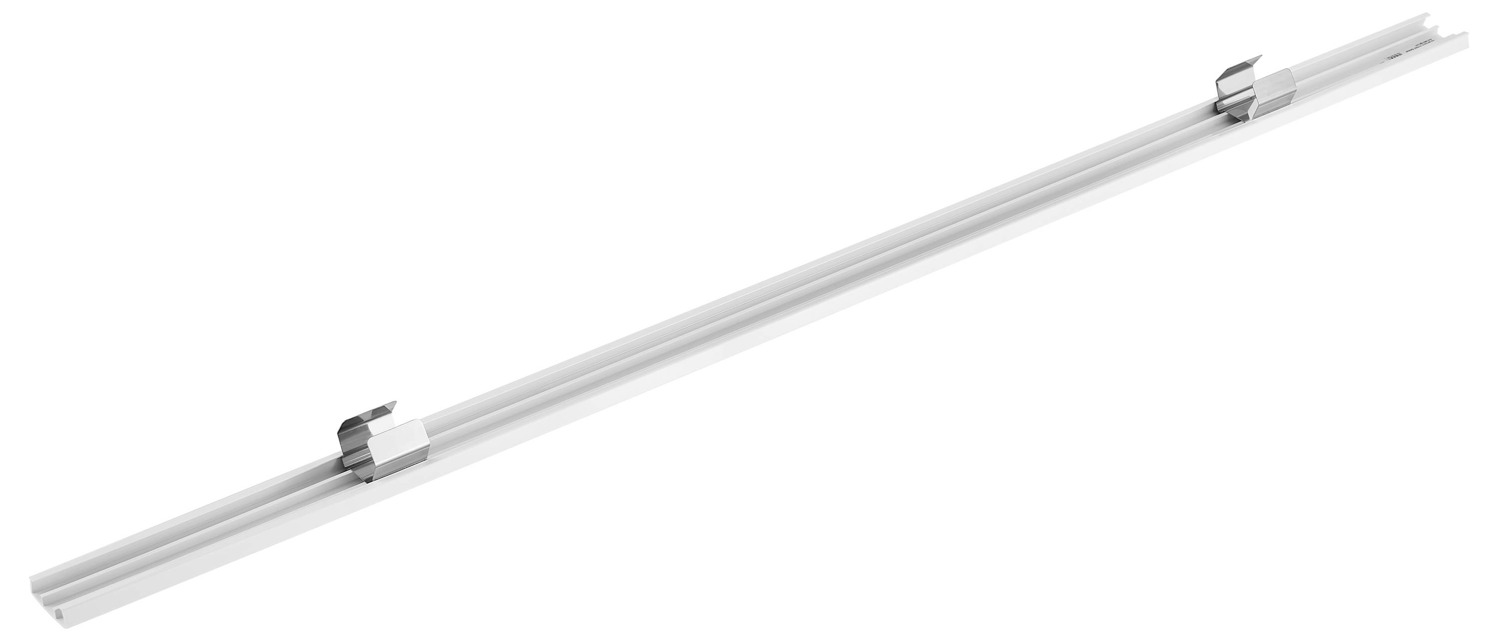 Un profilé en aluminium long et étroit avec deux fixations argentées présente un élément de design moderne.