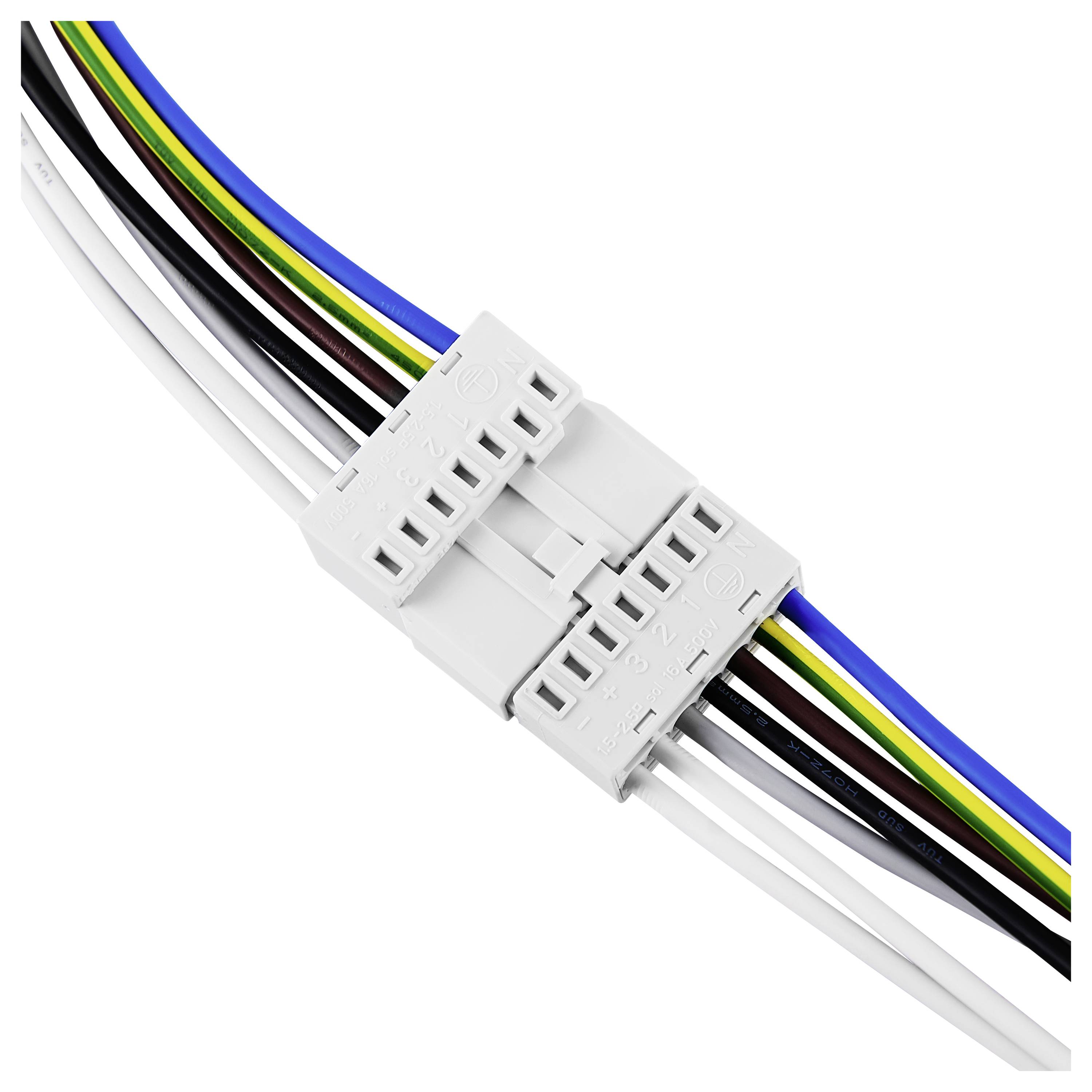 Un faisceau de câbles multicolore est connecté à un connecteur blanc qui permet la connexion électrique.