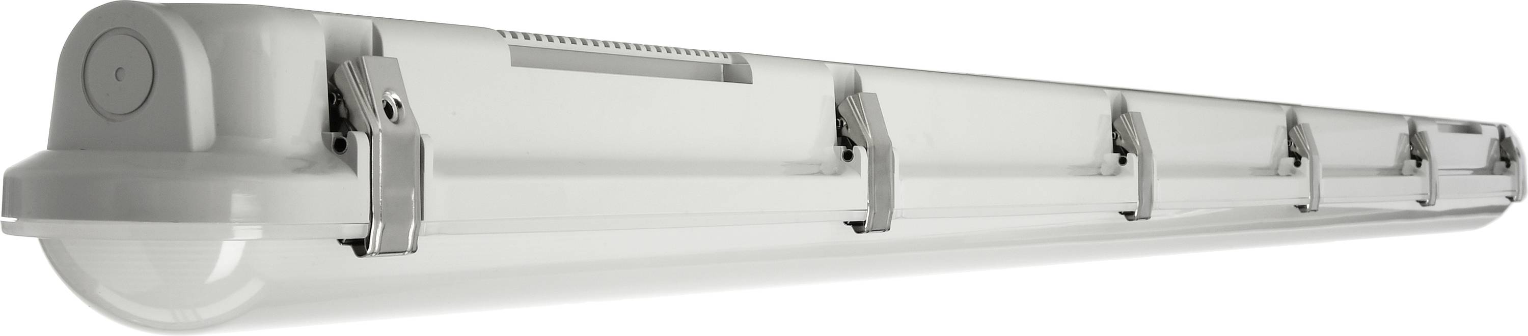 Luminaire LED gris et allongé avec cinq fixations sur le côté, adapté aux applications industrielles ou commerciales.