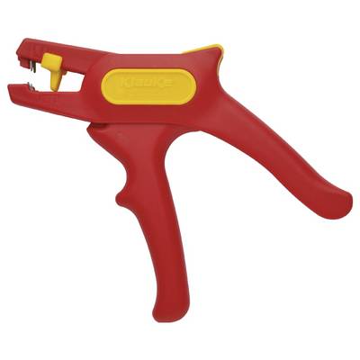 Un outil de dénudage de fils de couleur rouge et jaune doté d'une poignée ergonomique, conçu pour retirer efficacement l'isolation des fils électriques.