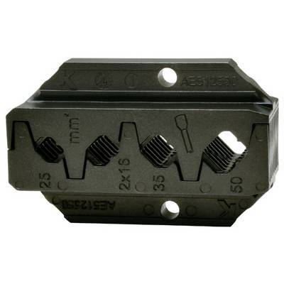 Outil de sertissage avec matrices de différentes tailles, étiquetées de 2x16 à 50 mm², présentant une conception métallique structurée et des rainures d'ajustement.
