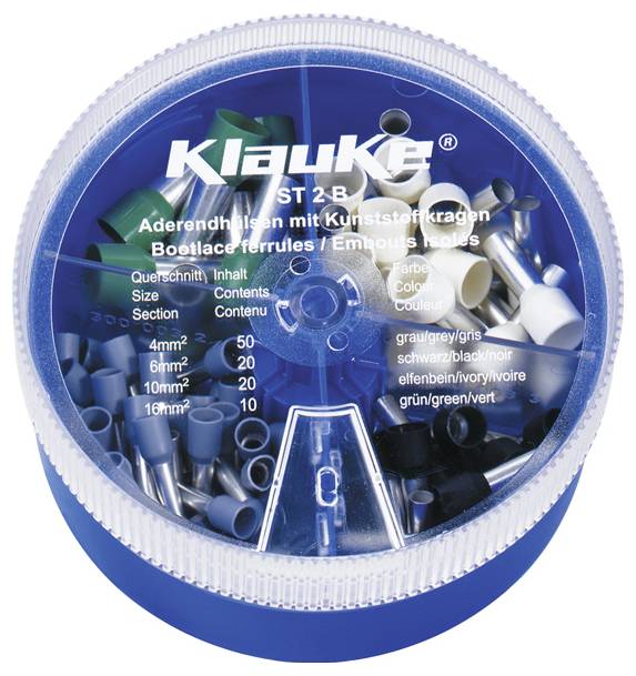 Récipient cylindrique contenant des embouts de câble Klauke ST 2-B assortis. Contient des embouts de câble de différentes tailles et couleurs tels que gris, noir, bleu.
