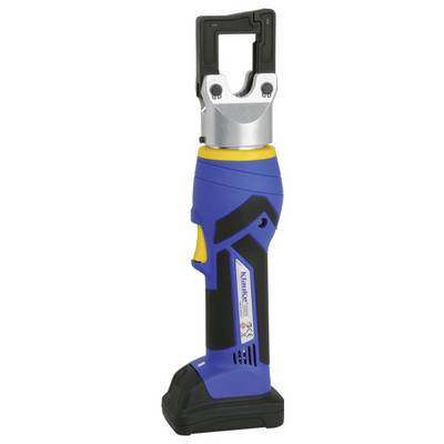 Un outil de sertissage hydraulique électrique bleu et noir avec un accent jaune, utilisé pour sertir des câbles, doté d'une poignée robuste.