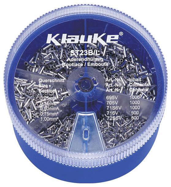 Un conteneur rond rempli de cosses de câblage Klauke ST23BL de différentes tailles, avec un couvercle transparent affichant les spécifications et les quantités.