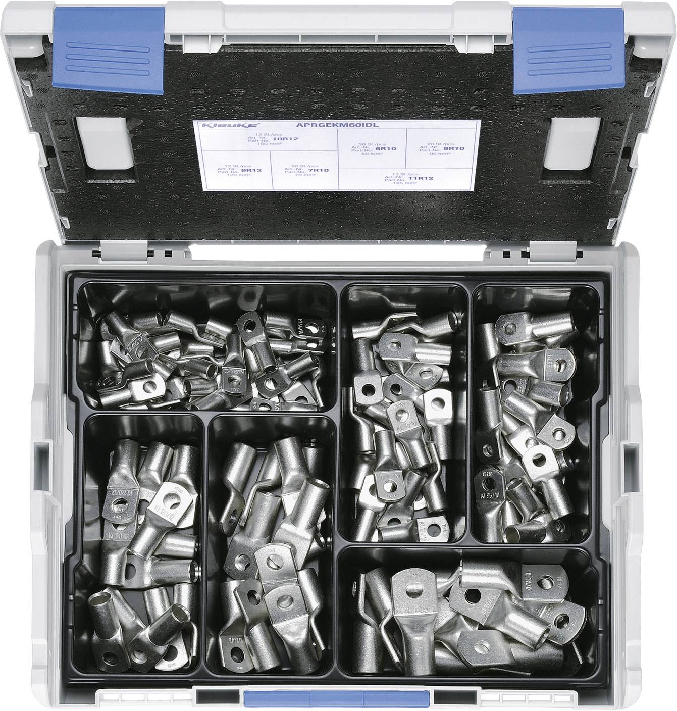 Une boîte ouverte contenant plusieurs compartiments remplis de cosses de câble métalliques de différentes tailles, soigneusement organisées pour un accès facile.