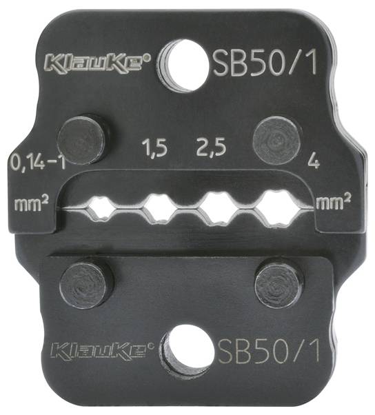 Matrices de sertissage Klauke SB50/1 pour sections de câbles de 0,14-4 mm², présentant des dents et des marquages de taille de câble, utilisées pour les connexions électriques.