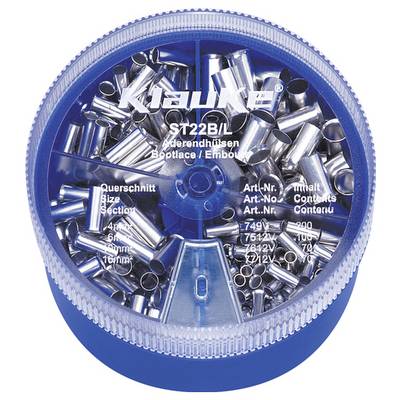 Un conteneur rond de ferrules de lacets avec différentes tailles étiquetées en allemand et en anglais, montrant des tubes métalliques assortis à l'intérieur d'un couvercle bleu.
