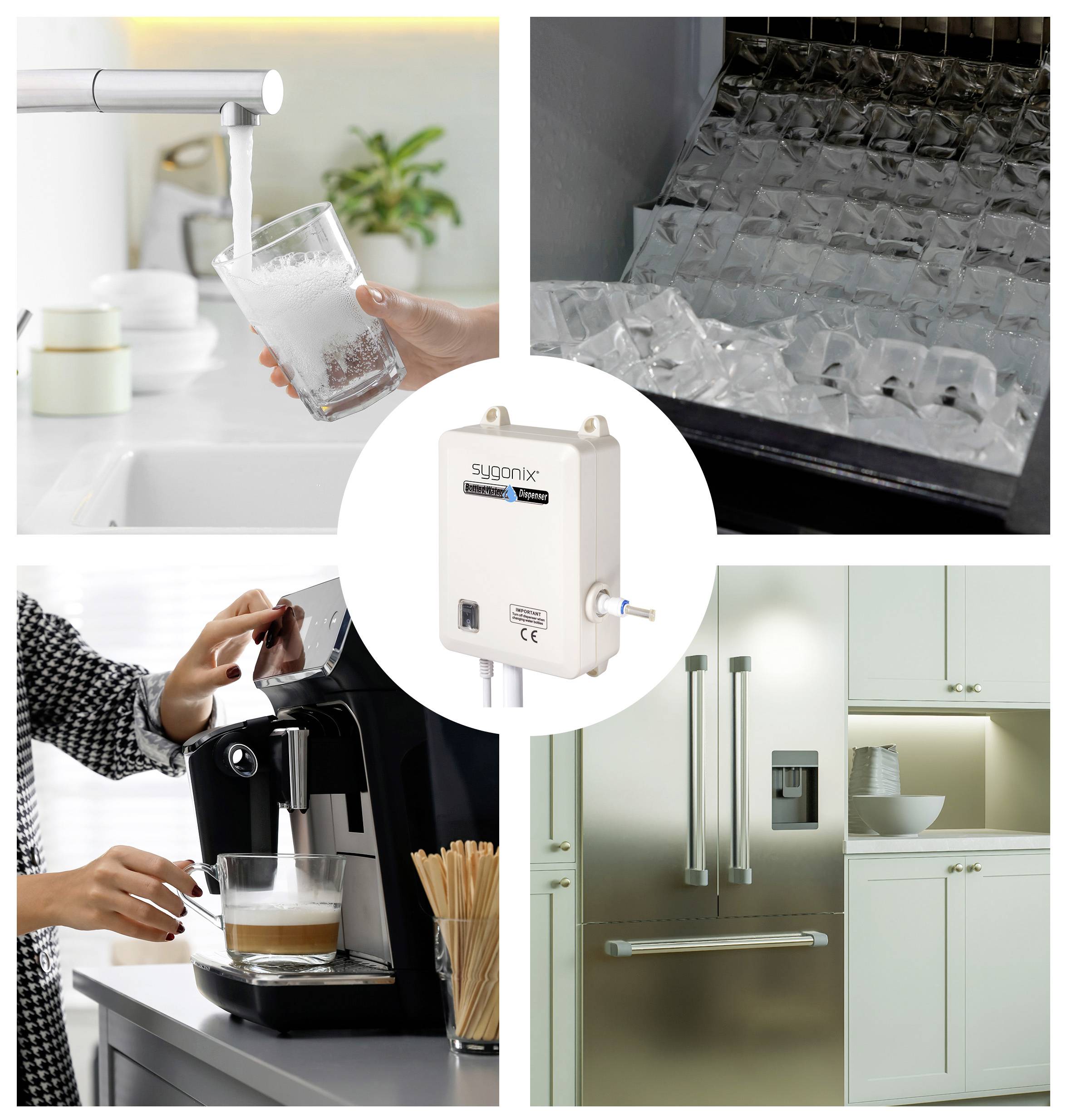 Une image composite présentant un robinet de cuisine, une machine à glaçons, une machine à café et un réfrigérateur. Le point central est un dispositif de filtration d'eau.