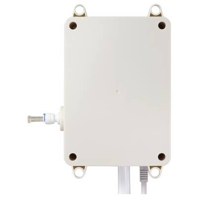 Un dispositif électronique rectangulaire blanc aux coins arrondis, doté de quatre trous de montage, avec un petit connecteur en saillie sur son côté.