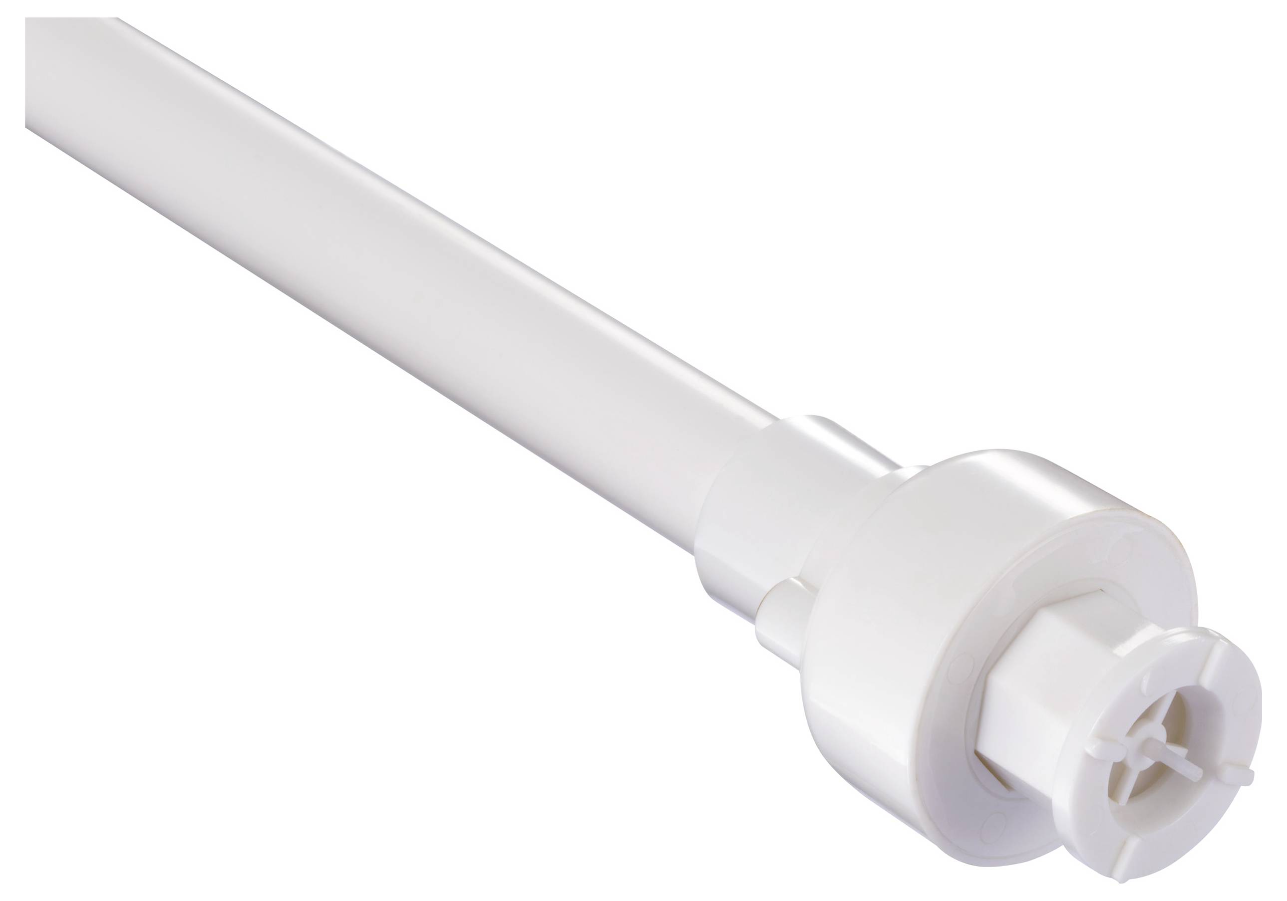 Un gros plan d'un tube lumineux fluorescent blanc, avec un embout terminal visible, montrant les détails du connecteur.