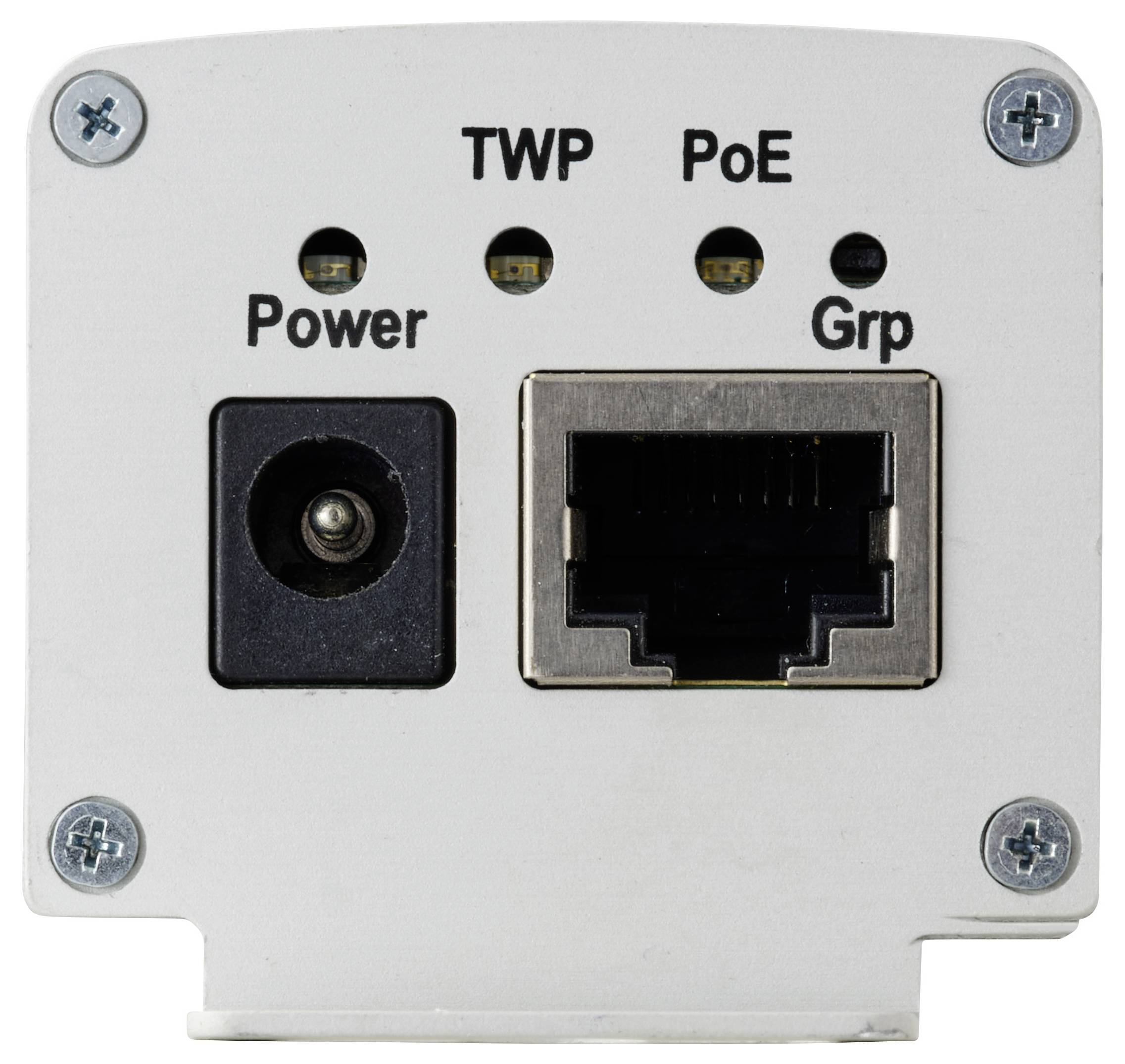 Ports étiquetés « Power » et « Grp » sur un périphérique électronique blanc. Indicateurs LED pour « TWP » et « PoE » au-dessus des ports.