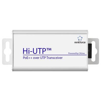 Appareil 'Hi-UTP™ PoE++ sur Transceiver UTP' présenté, étiqueté avec 'Alimenté par C4Line' et le logo 'renkforce'. Boîtier argenté avec supports de montage.