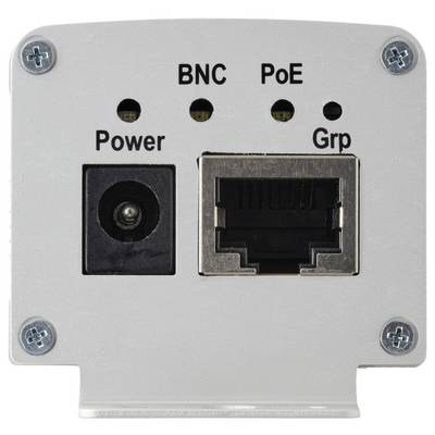 Panneau de périphérique réseau avec des ports étiquetés « Alimentation », « BNC », « PoE » et « Grp ». Comprend des entrées de connecteurs pour l'alimentation et l'ethernet.