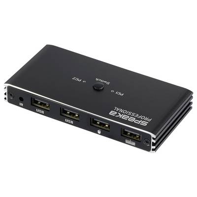 Un périphérique de commutation USB noir étiqueté « Speaka Professional » avec trois ports USB à l'avant, un bouton de commutation sur le dessus et un capteur infrarouge.