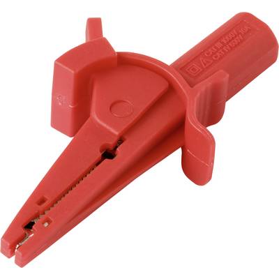 Une pince crocodile rouge avec un couvercle en plastique, utilisée pour les tests électriques, dotée de mâchoires striées et d'une poignée de protection isolante.